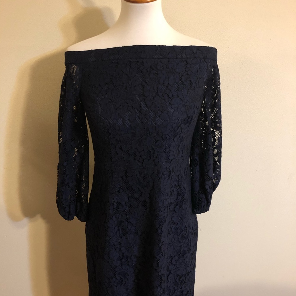 NWOT Trina Turk Dark Blue Lace Off Shoulder Dress - Picture 6 of 14